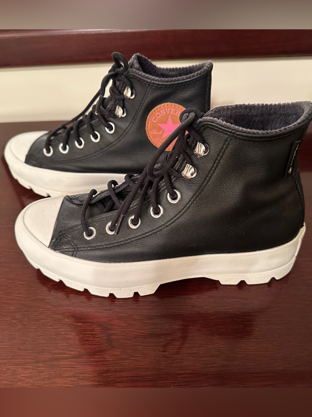 Converse Black Leather Platform Lace-Up High Top Boots with White Sole